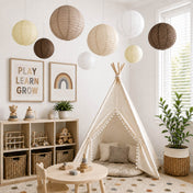 Assorted natural brown and white paper lanterns hanging in a cozy children's playroom - thumbnail number 6