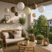Assorted natural brown and white paper lanterns hanging on a cozy covered balcony - thumbnail number 7