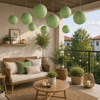 Set of 8 sage green hanging paper lanterns in assorted sizes on a decorated patio - thumbnail number 7