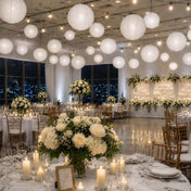 Set of 8 white paper lanterns in various sizes hanging over a wedding reception dining area - thumbnail number 3