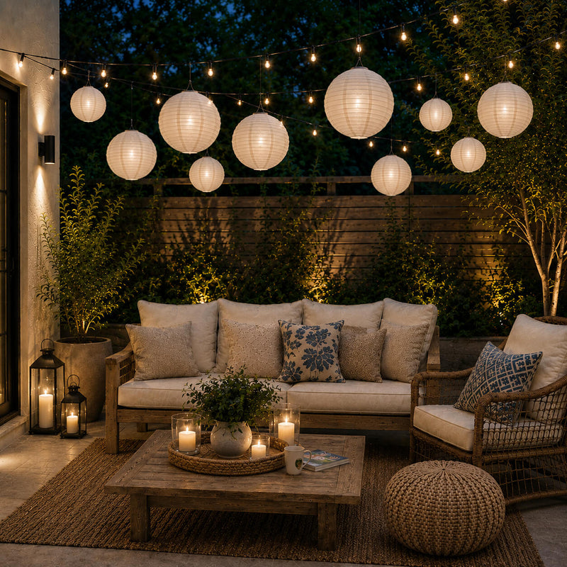 White paper lanterns hanging over an outdoor patio seating area at night - thumbnail number 6