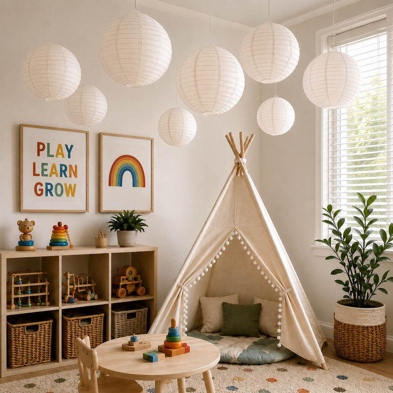 White paper lanterns hanging from the ceiling in a decorated child's playroom - thumbnail number 7