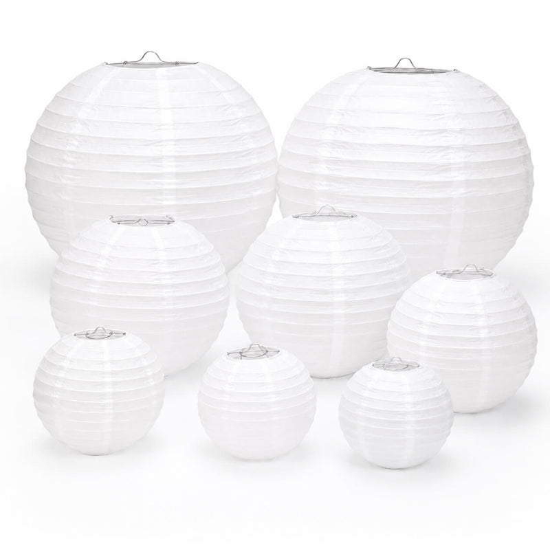 Set of 8 white paper lanterns in assorted sizes arranged on a white background - thumbnail number 1