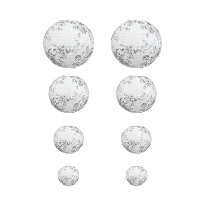 Set of 8 French Toile Hanging Paper Lanterns White with Black Floral Pattern, Decorative Lanterns - 6", 8", 10", 14"