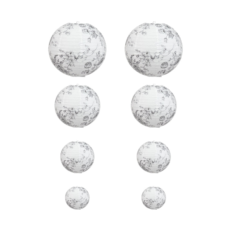Black floral print white paper lanterns in multiple sizes, displayed on a white background - thumbnail number 1