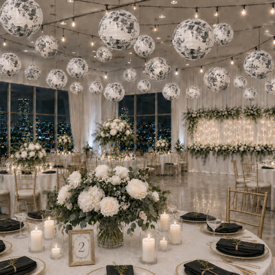 Black and white French toile paper lanterns hanging over a wedding reception hall - thumbnail number 3