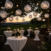 Black and white French toile paper lanterns hanging over an outdoor vineyard reception - thumbnail number 6