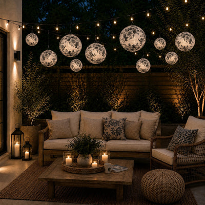 Black and white French toile paper lanterns hanging over an outdoor patio seating area - thumbnail number 9