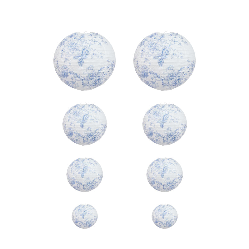 Assorted white paper lanterns featuring a blue floral design on a white backdrop - thumbnail number 1