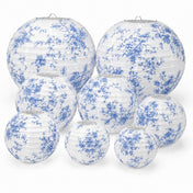 Set of eight white and blue floral paper lanterns in various sizes - thumbnail number 1