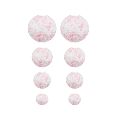 Set of 8 French Toile Hanging Paper Lanterns White with Pink Floral Pattern, Decorative Lanterns - 6", 8", 10", 14"