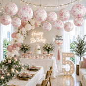 Pink floral French toile paper lanterns hanging over birthday party decor - thumbnail number 2