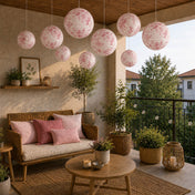 Pink floral French toile paper lanterns hanging on a patio - thumbnail number 11