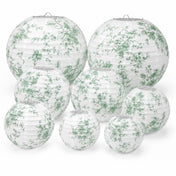Set of eight white and green floral paper lanterns in various sizes - thumbnail number 1