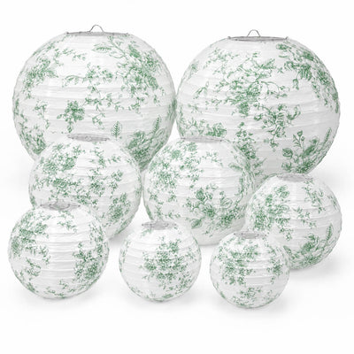 Set of 8 French Toile Hanging Paper Lanterns White with Sage Green Floral Pattern, Decorative Lanterns - 6", 8", 10", 14"