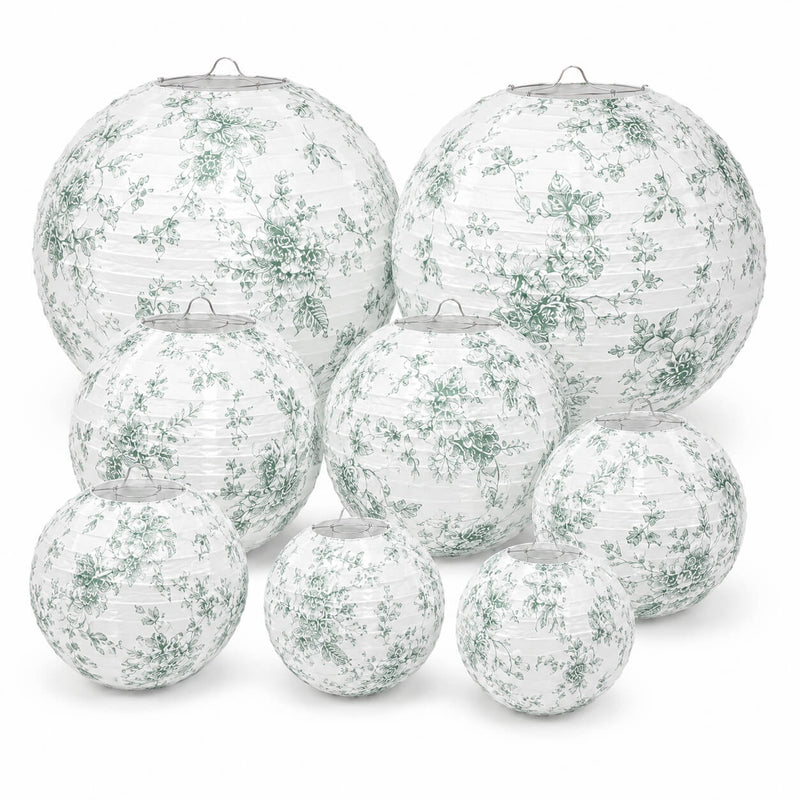 Set of eight white and green toile paper lanterns in various sizes - thumbnail number 1