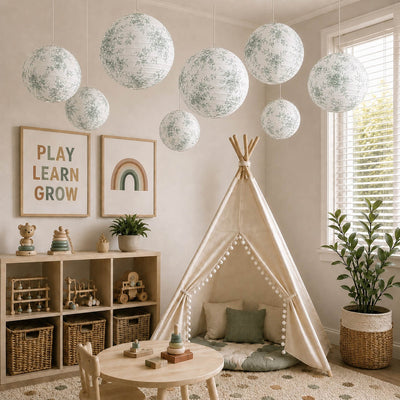 White and green toile paper lanterns hanging in a nursery - thumbnail number 10