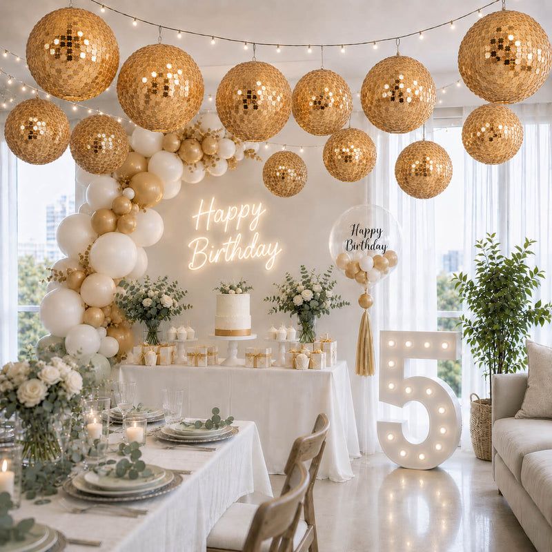 Hanging gold sequin lanterns decorating a festive birthday party scene - thumbnail number 2