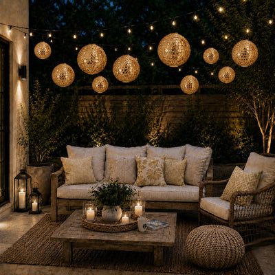 Hanging gold sequin lanterns glowing over a cozy patio lounge at night - thumbnail number 8