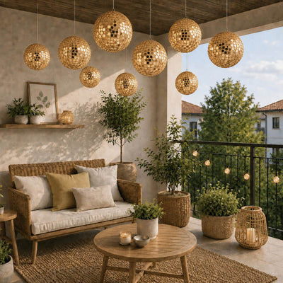 Hanging gold sequin lanterns over a bright outdoor patio - thumbnail number 9