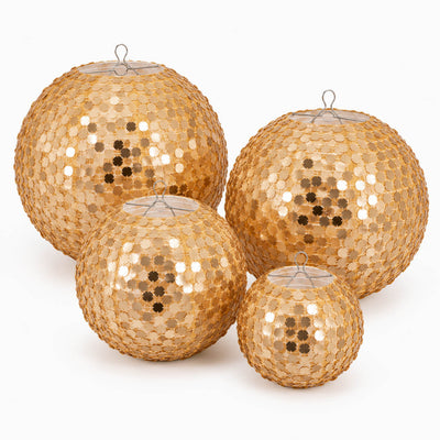 Set of 4 Shimmer Gold Payette Sequin Hanging Lanterns, Large Decorative Round Foldable Fabric Chinese Lantern Lampshades - 12",14",16",20"