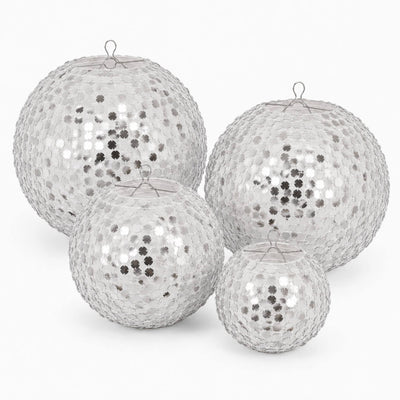 Set of 4 Shimmer Silver Payette Sequin Hanging Lanterns, Large Decorative Round Foldable Fabric Chinese Lantern Lampshades - 12",14",16",20"