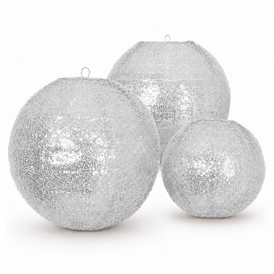 Set of 3 Shimmer Silver Sequin Fabric Hanging Lanterns, Large Decorative Round Foldable Chinese Lantern Lampshades - 14",16",20"