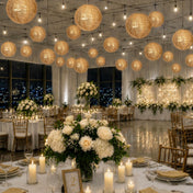 Hanging gold sequin lanterns decorating a large wedding reception venue - thumbnail number 3