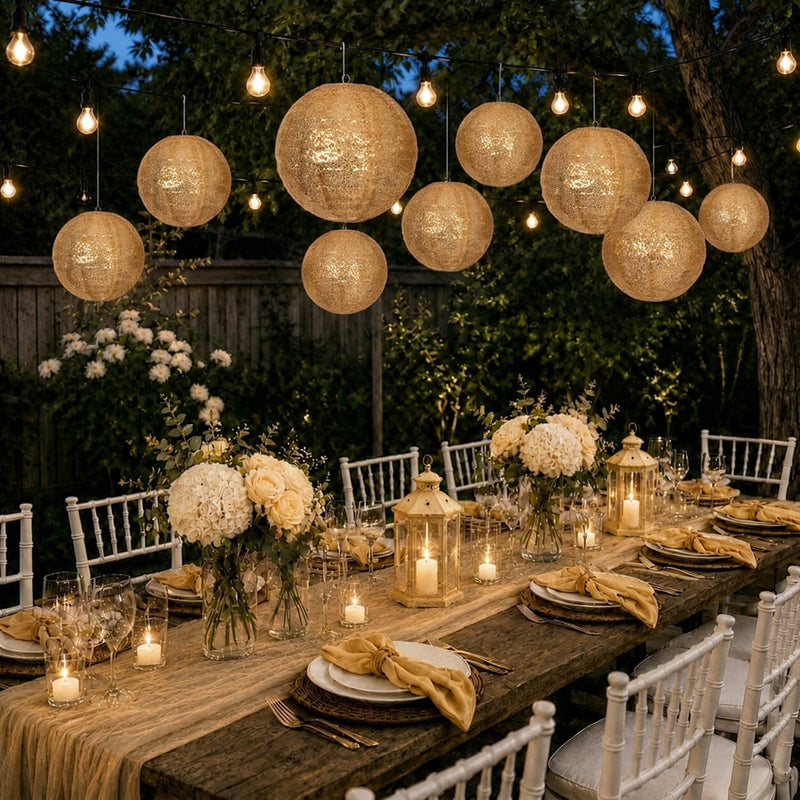 Hanging gold sequin lanterns over an outdoor garden dinner party - thumbnail number 6