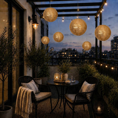Hanging gold sequin lanterns over a cozy balcony at dusk - thumbnail number 7
