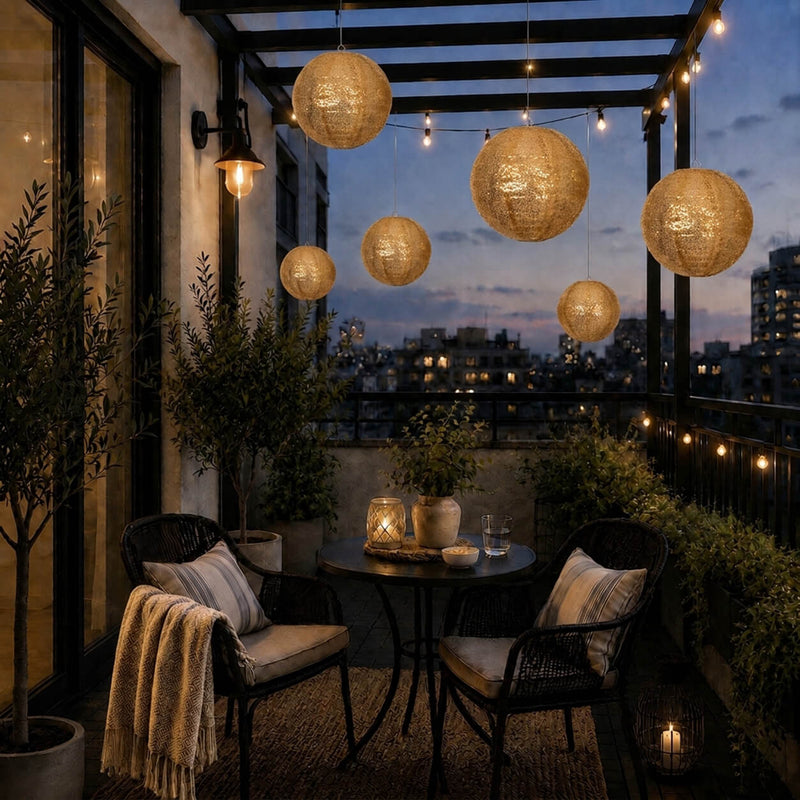 Hanging gold sequin lanterns over a cozy balcony at dusk - thumbnail number 7