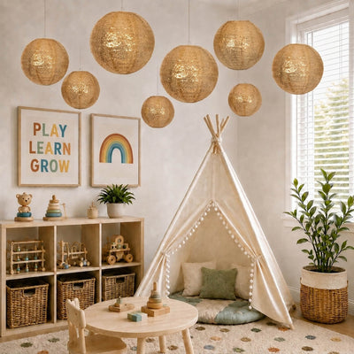 Hanging gold sequin lanterns decorating a child's playroom with a teepee - thumbnail number 8