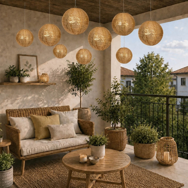 Hanging gold sequin lanterns illuminating a covered patio seating area - thumbnail number 9