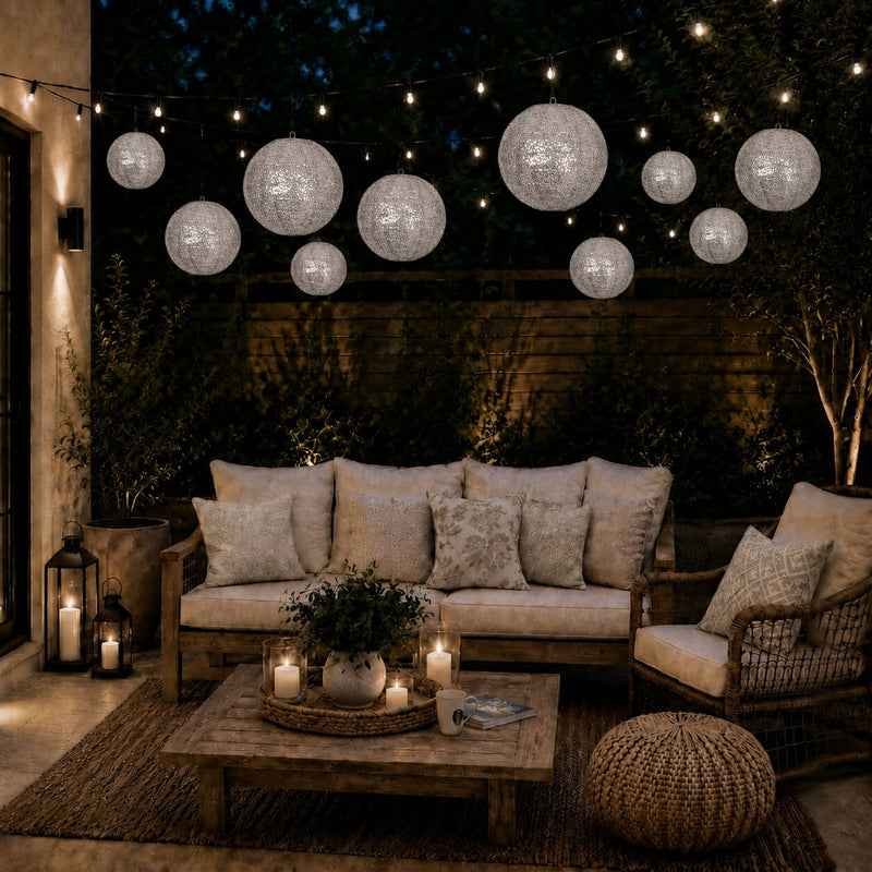 Shimmer silver sequin fabric hanging lanterns over an outdoor seating area - thumbnail number 7