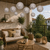 Group of shimmering silver sequin hanging lanterns suspended on a boho balcony - thumbnail number 8
