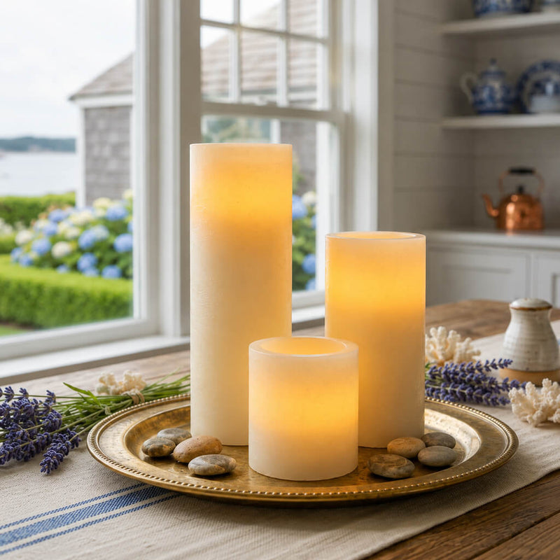 Three flameless pillar candles on a gold tray by the window - thumbnail number 7