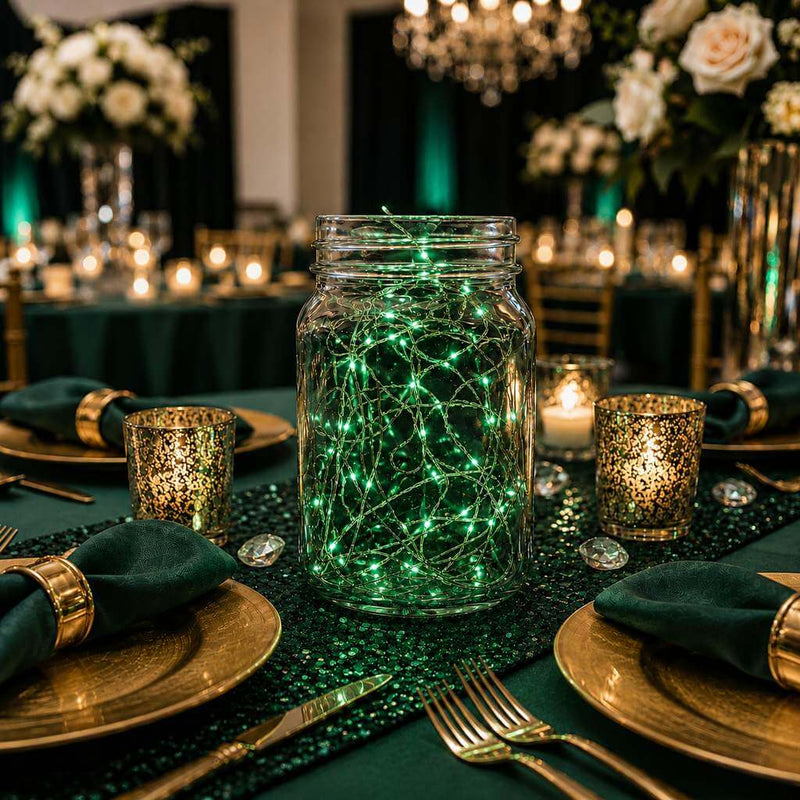 20 LED green micro fairy string lights inside a glass mason jar as a table centerpiece - thumbnail number 7