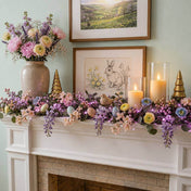 Purple LED fairy lights woven into an Easter mantel garland with flowers and candles - thumbnail number 9