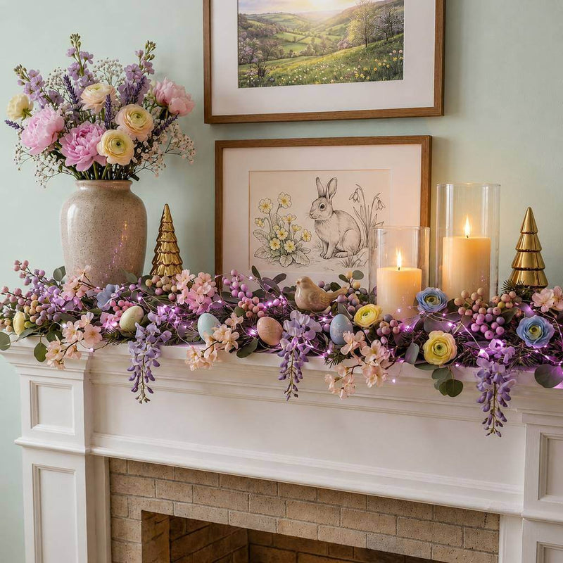Purple LED fairy lights woven into an Easter mantel garland with flowers and candles - thumbnail number 9