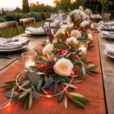 Red LED fairy lights woven into a rustic table centerpiece with flowers and candles - thumbnail number 6