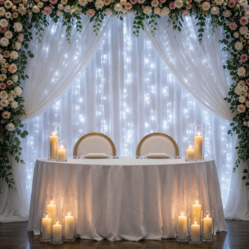 White LED fairy light backdrop behind a decorated wedding sweetheart table - thumbnail number 6