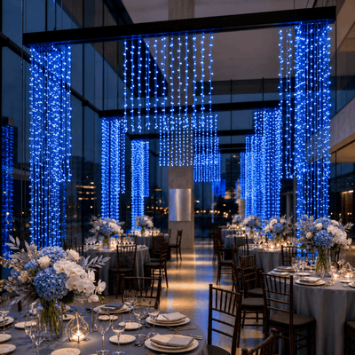Blue LED curtain lights create dramatic hanging light panels in a dining hall - thumbnail number 3