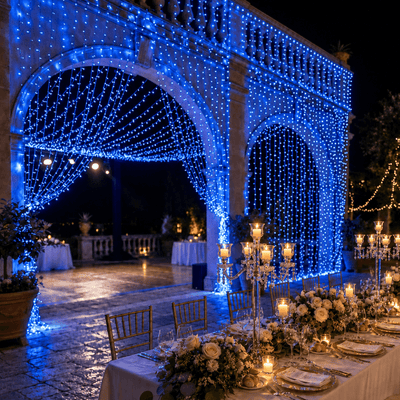 Blue LED icicle curtain lights draped across an elegant outdoor stone archway - thumbnail number 5