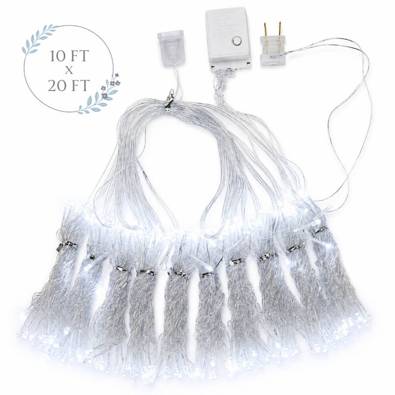 Cool white 600 LED curtain string lights 10ft x 20ft with controller on a white background - thumbnail number 1