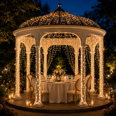 Warm white 300 LED icicle string lights decorating an outdoor dining gazebo at night - thumbnail number 7