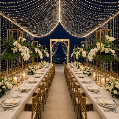10ft by 50ft warm white LED curtain lights decorating an elegant rooftop event dinner - thumbnail number 7