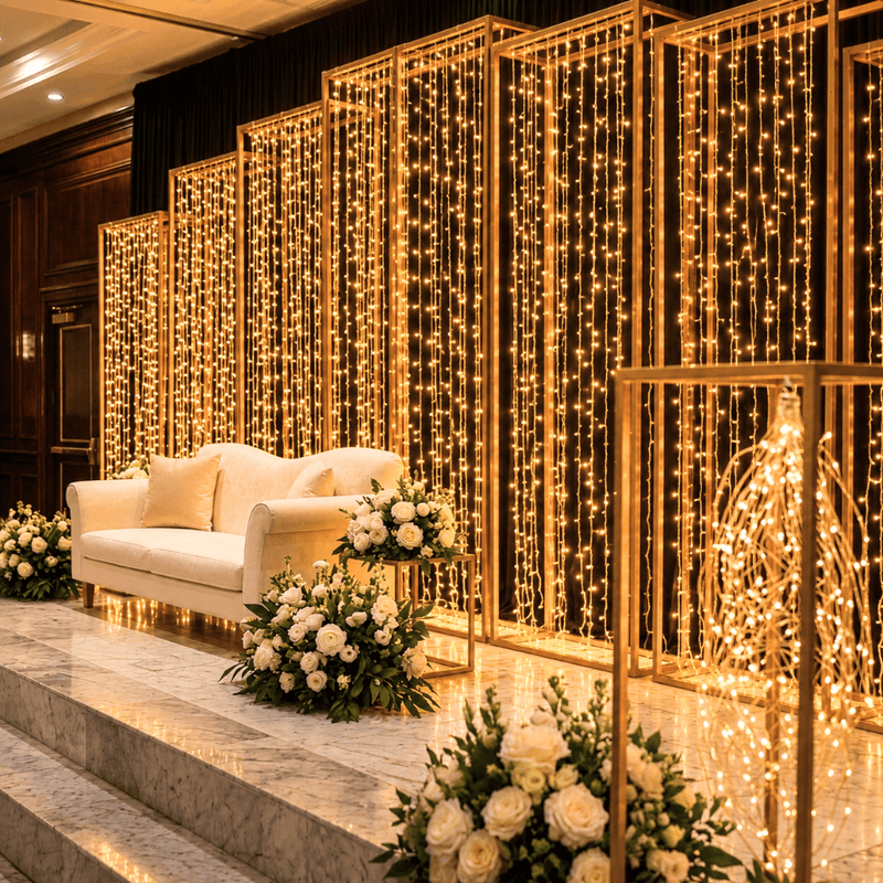 Warm white 192 LED icicle curtain fairy lights as a wedding backdrop behind a sofa - thumbnail number 5