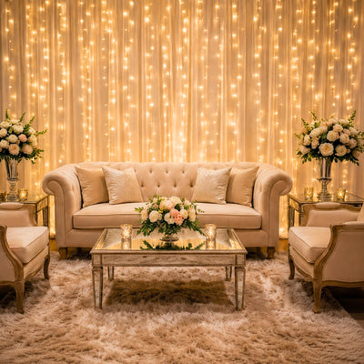 Warm white LED curtain lights draped as a backdrop for a cozy, elegant living room seating area - thumbnail number 11