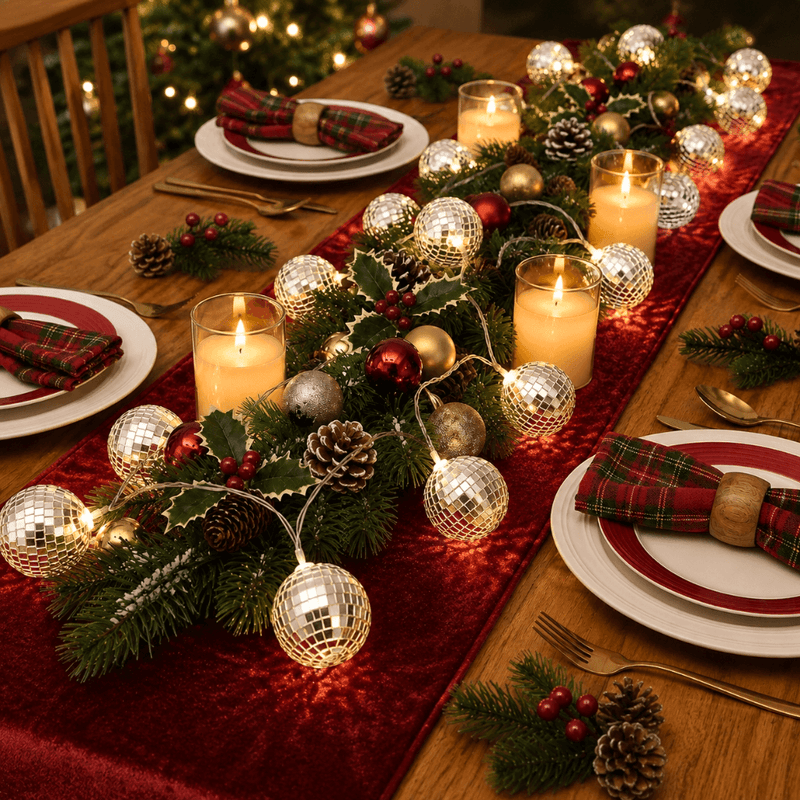 Disco ball string lights with Christmas decor on a formal dining table - thumbnail number 6