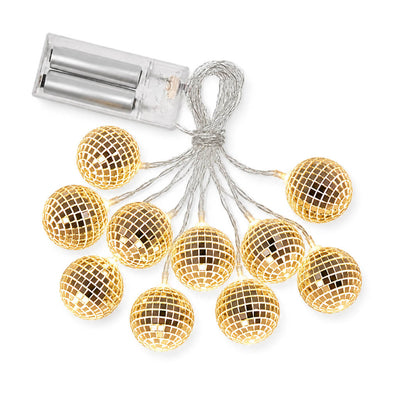Lit silver disco mirror ball string light garland with battery pack on white background - thumbnail number 2